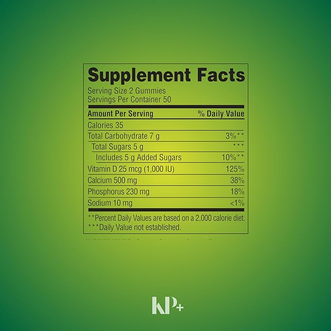 KP+ Calcium Gummies 500 mg with Vitamin D 25 mcg (1000 IU) | 100 Gummies | Natural Fruit Flavors | Pack of 2