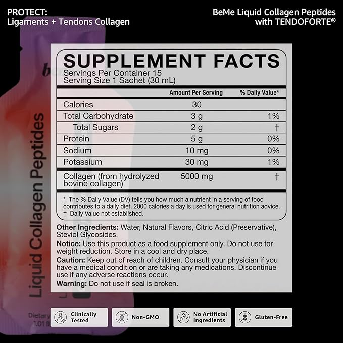 BeMe Tendon and Ligament Supplements - 5000mg TENDOFORTE Collagen Peptides for Tendon Repair Supplement and Ligament Repair - 15 Liquid Grapefruit Sachets
