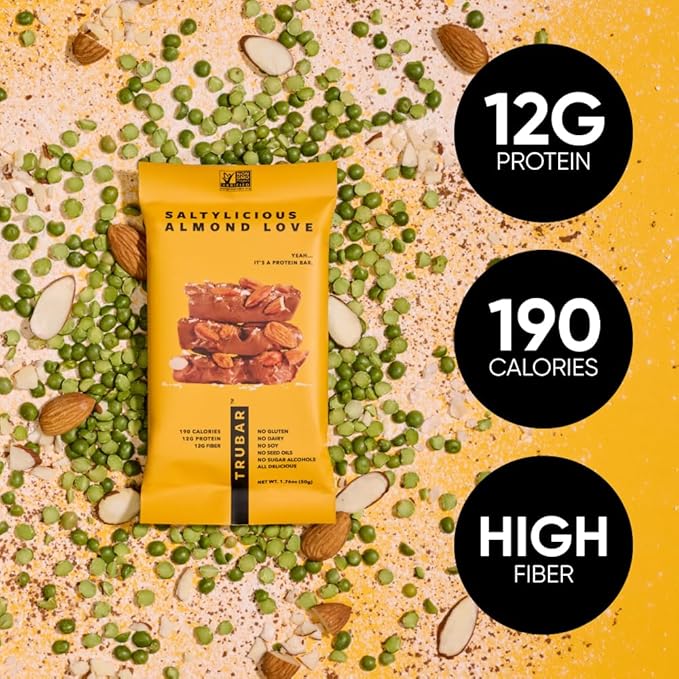 TRUBAR Vegan Protein Bar Saltylicious Almond Love Gluten Free Plant Based High Fiber Dairy Free Low Fat Non GMO No Sugar Alcohols 12G Lean Protein 13G Fiber Healthy Snack Bars 12 CT