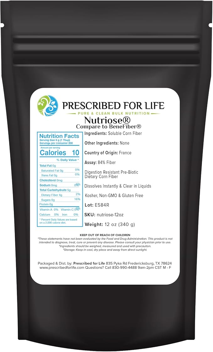 Prescribed For Life Nutriose Powder Natural Fiber Supplement Prebiotic Soluble Corn Fiber for Adults Gluten Free Vegan Non GMO (340g)