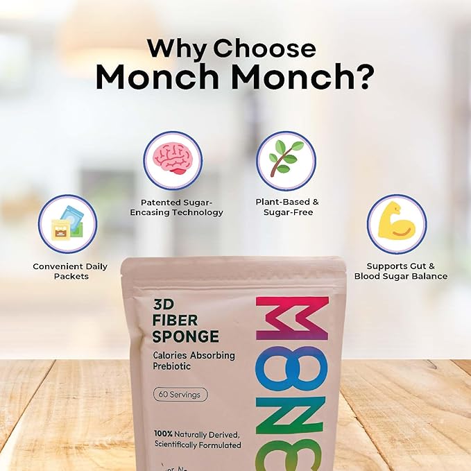 Monch Monch Calorie Absorbing Fiber Sponge – Original One Month Supply – Konjac Gum &amp Prebiotic Fiber Supplement for Gut Health &amp Blood Sugar Support – Vegan Sugar-Free 60 Ct