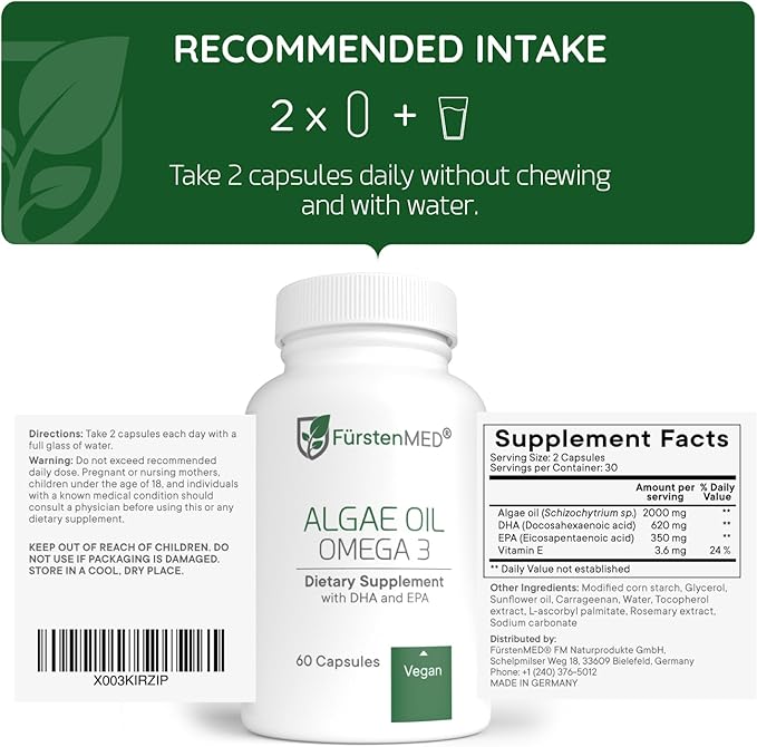 FürstenMED Algae Oil Vegan Omega 3 - Heart Brain &amp Joint Health Support - 2000mg Algae Oil of which 700mg DHA &amp 320mg EPA + 3 6mg Vitamin E per Daily Dose - Essential Fatty Acids