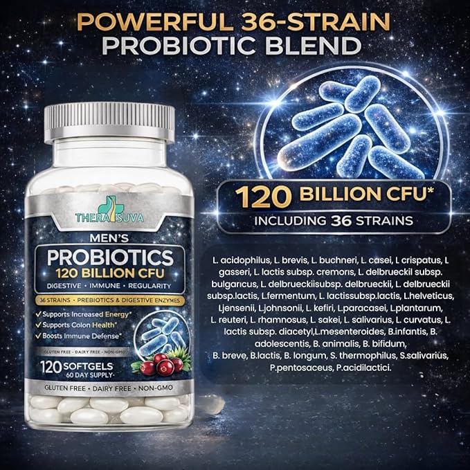 Mens Probiotic 120 Billion CFU 36 Strains + Prebiotics &amp Digestive Enzymes Digestive Gut &amp Immune Support 60 Day Supply 120 Capsules