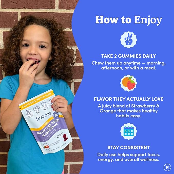 FIRST DAY Kids Magnesium Citrate Gummies (Ages 4+) with No Melatonin | Calm Kids Magnesium Gummies | Bedtime Supplement for Better Sleep with Suntheanine® L-Theanine | Strawberry | 30-Days Supply