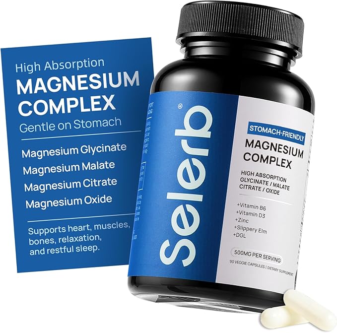 Selerb Magnesium Complex for Women and Men-GlycinateMalateCitrateOxide Supports Calm Sleep Muscle &amp Energy with D3 B6 Zinc Slippery Elm &amp DGL Gentle on Stomach 90 Capsules