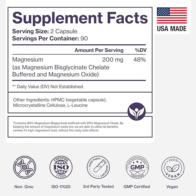 Pure Magnesium Glycinate Supplement – Highly Absorbable Chelated Magnesium to Support Sleep Muscle &amp Nerve Health Energy Relaxation &amp Bone Health – 200mg Per Serving 180 Capsules
