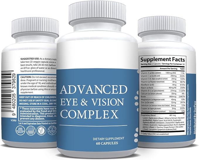 #1 Complete Research Vision Formula Advanced Eye Health Vitamin &amp Mineral Supplements for Adults w/Bilberry Lutein Zeaxanthin Lycopene Resveratrol | Supports Eye Strain Dry Eyes 60 Capsules