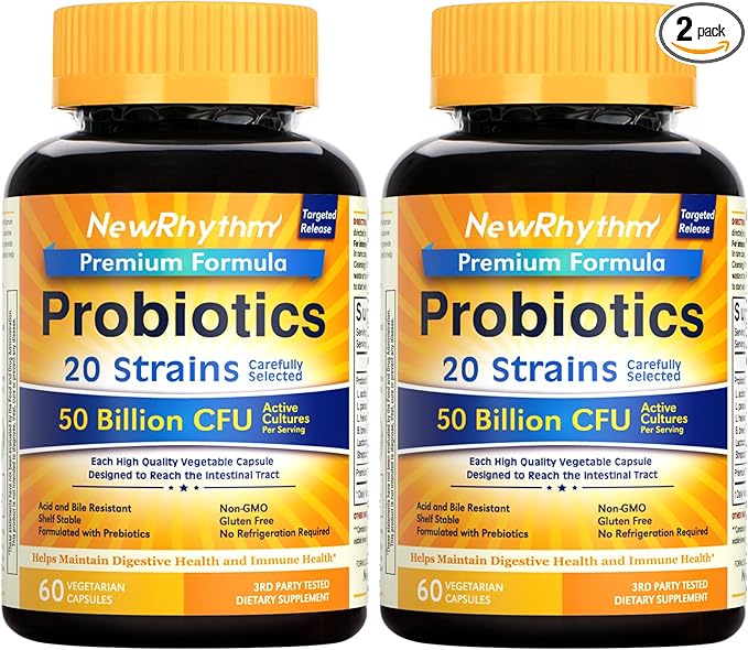 NewRhythm Probiotics 50 Billion CFU 20 Strains 120 Veggie Capsules Targeted Release Technology Stomach Acid Resistant No Need for Refrigeration Non-GMO Gluten Free