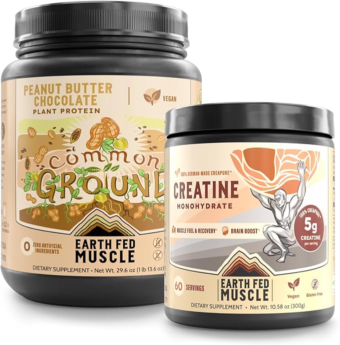 Earth Fed Muscle Vegan Strength &amp Recovery Bundle – Common Ground Plant-Based Protein (Chocolate Peanut Butter) + Transcend German Creapure Creatine Monohydrate – Muscle Support &amp Performance
