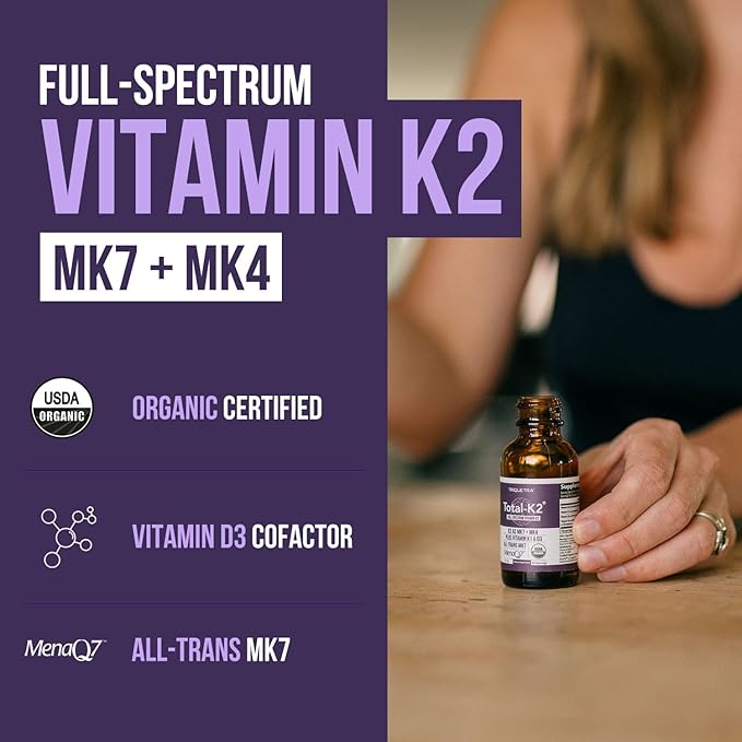 Total K2® | Vitamin K2 as MK7 &amp MK4 | Plus K1 &amp Vitamin D3 Cofactor - 620 mcg K2 per Serving - All-Trans MK7 from MenaQ7® - Full-Spectrum Vitamin K - Vegan Organic Certified (Liquid 1 oz)