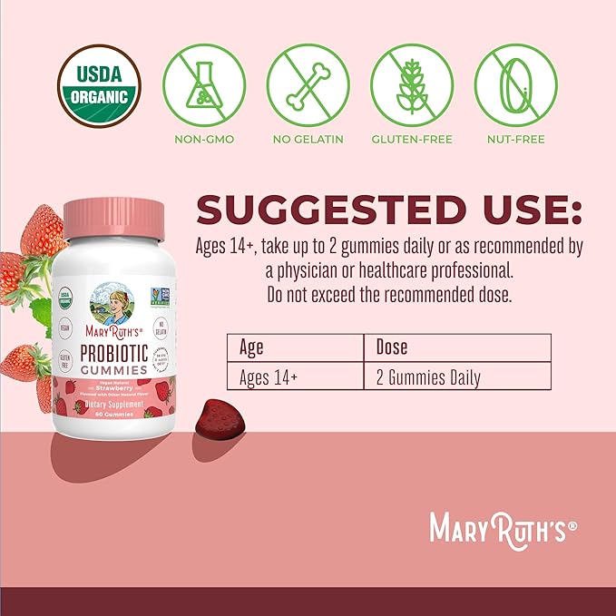 MARYRUTH'S USDA Organic Probiotic Gummies Probiotic Digestive Support | Immune Support | Digestive &amp Gut Health Supplement | 5 Billion CFU | Vegan | Non-GMO | Gluten Free | 60 Count