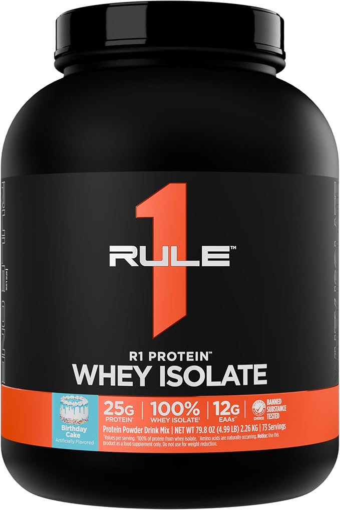Rule 1 R1 Protein Whey Isolate - with 25g Protein &amp 6g BCAA Exclusively from Isolated &amp Hydrolyzed Sources for Workout Recovery (5 Pounds* Birthday Cake)