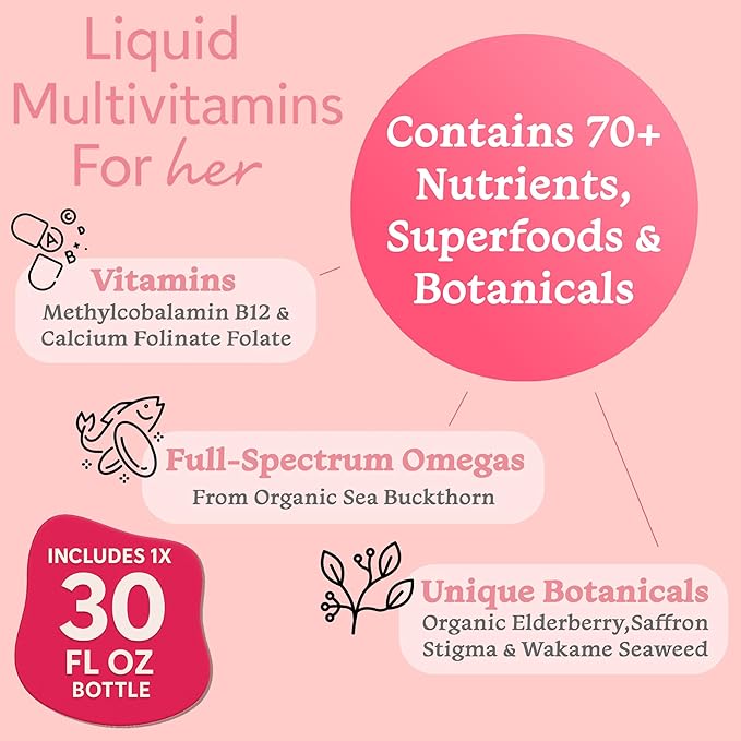 Women’s Liquid Multivitamin | 2 Pack | 30 Fl Oz Each (30 Servings) | 70+ Nutrients Superfoods &amp Omegas | Made in USA | Vegan Non-GMO Sugar Free | Mixed Berry