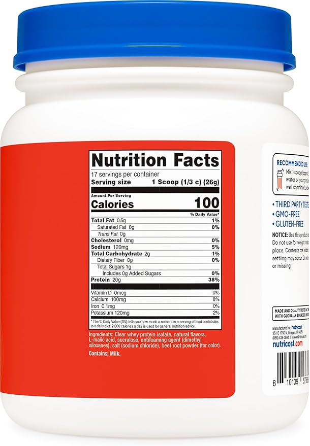 Nutricost Clear Whey Protein Isolate Powder (Tropical Punch) 1 LB - 20g of Protein 0g Added Sugar GMO-Free Gluten-Free