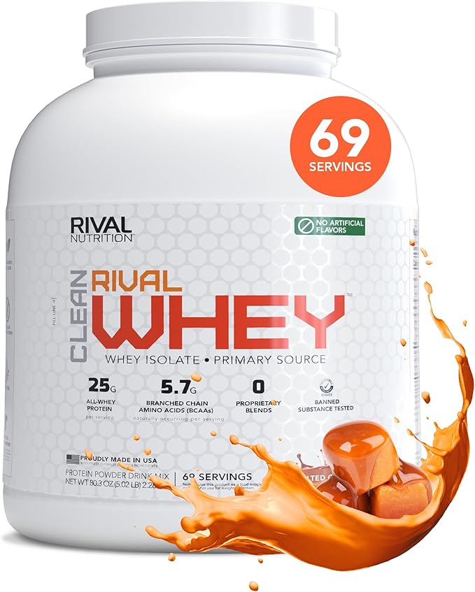 RIVAL NUTRITION Clean Rival Whey – 5LB Salted Caramel – 100% Whey Protein Powder Whey Isolate Primary Source | 25g Protein Muscle Gain/Recovery | All Natural No Artificial Ingredients - 69 Servings