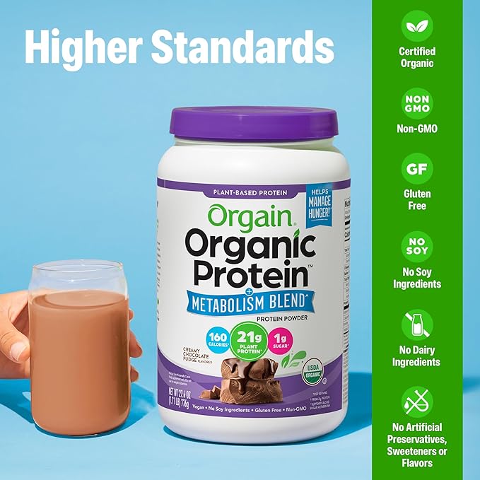 Orgain Organic Protein + Metabolism Blend Powder Chocolate Fudge - 21g Plant Protein 5g Prebiotic Fiber No Lactose Ingredients Low Sugar Non-GMO for Shakes &amp Smoothies 1.71 lb