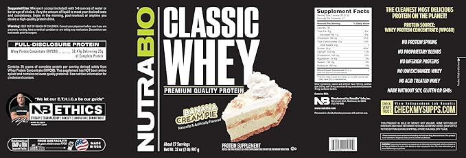 NutraBio Classic Whey Protein Powder- 25G Protein Per Scoop - Full-Spectrum Amino Acid Profile - No Fillers Artificial Colors Preservatives - (Banana Cream Pie 2 Pounds)