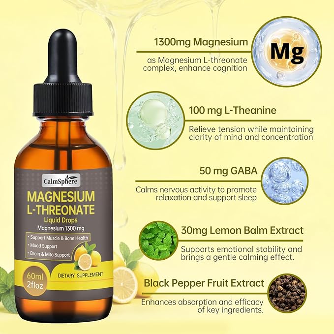 High Absorption Magnesium L-Threonate 1300mg Liquid Drops with L-Theanine&ampGABASupports Brain FunctionDeep Sleep Quality&ampStress ReliefNatural Lemon FlavorFast Acting GMP CertifiedAdults &a
