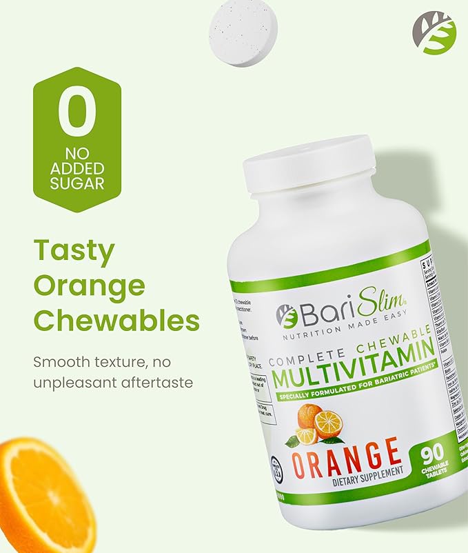 BariSlim Complete Chewable Bariatric Multivitamin Tablets - 45 mg Iron - Bariatric Vitamin &amp Supplement for Post Bariatric Surgery Including Gastric Bypass &amp Gastric Sleeve | Orange | 90 Table