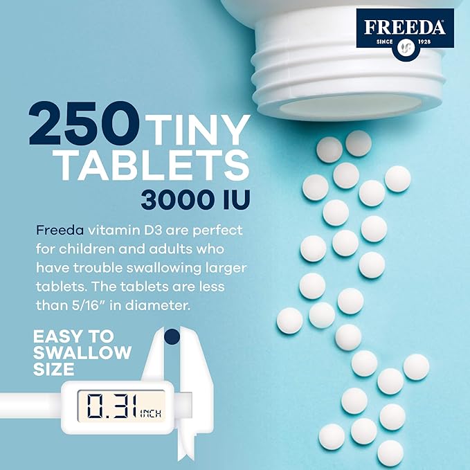FREEDA Vitamin D3 3000 IU – High-Potency Vitamin D for Bone Strength &amp Immune Support – Easy-to-Swallow Tablets – 250 Tiny Tablets