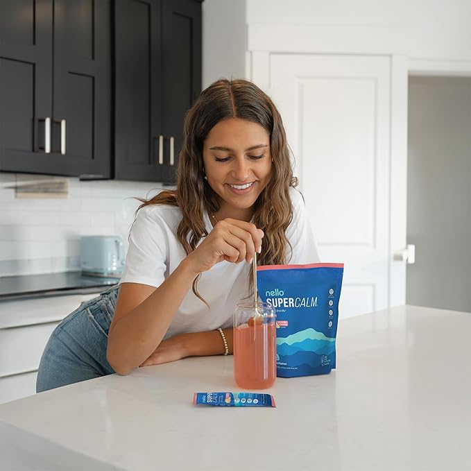 Nello Supercalm Powdered Drink Mix Cortisol Reducer and Sleep Aid Supplement L Theanine Ksm-66 Ashwagandha Magnesium Glycinate Vitamin D 3 No Sugar Non GMO On The Go 20 Ct Raspberry Lemonade
