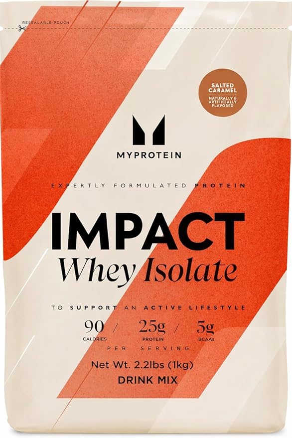 Myprotein Impact Whey Protein Isolate 2.2 Lbs (40 Servings) Salted Caramel 25g Protein &amp 6g BCAA Per Serving Gluten-Free Shake for Muscle Strength &amp Recovery