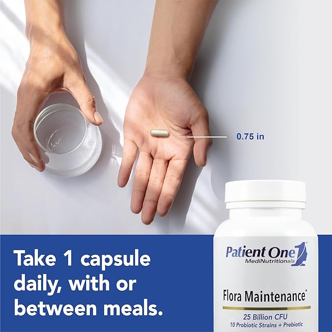 Patient One Flora Maintenance | Probiotic Supplement to Aid Balanced Intestinal Flora* | 25 Billion CFU 10 Probiotic Strains Prebiotic | 60 Capsules
