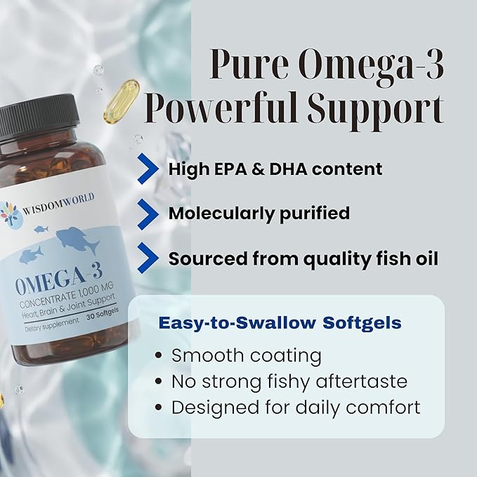 Omega-3 Fish Oil 1000 mg 30 softgels Supports Heart Brain &amp Joint Health 1 Month Supply