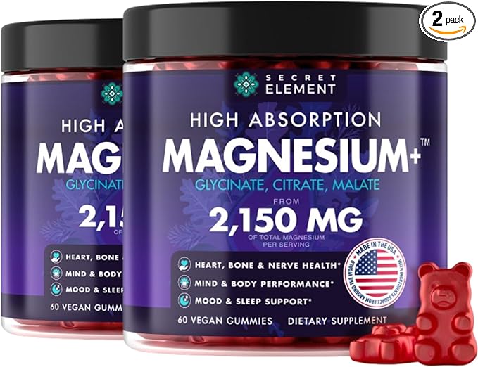 Magnesium Glycinate 2150 MG Gummies High Absorption Magnesium Glycinate Citrate &amp Malate Sugar-Free Vegan Chews for Men &amp Women 60 Gummies Cherry Flavor Pack of 2