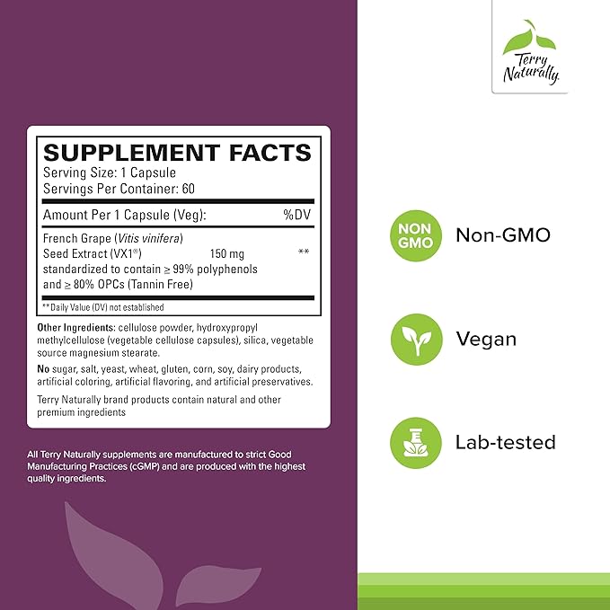 Terry Naturally Clinical OPC - Cardiovascular Health &amp Focus Support Supplement - Dietary Supplement with Grape Seed Extract &amp Sunflower Lecithin - Immune Support Supplement - 150 mg 60 Softg
