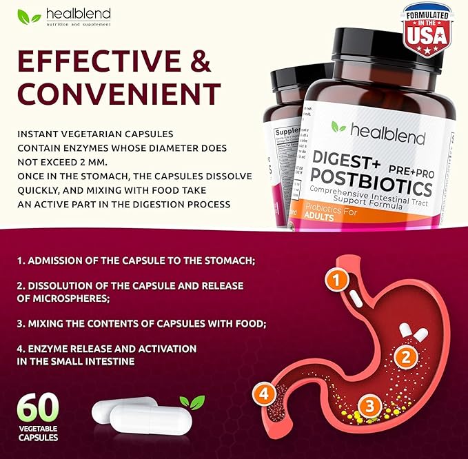 Digest + Postbiotics Supplement for Women and Men Multi Enzymes Organic Prebiotic &amp Probiotic for Digestive Health with Bromeline Papin and Lipase Non-GMO Gluten-Free 60 Vegetarian Caps (3)