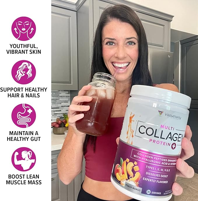 Multi Collagen Peptides Powder for Women - Hydrolyzed Flavored Collagen Powder for Women with Types I II III V &amp X Vitamin C &amp Hyaluronic Acid for Hair Skin and Nails (Peach Mango) - 30 Servin