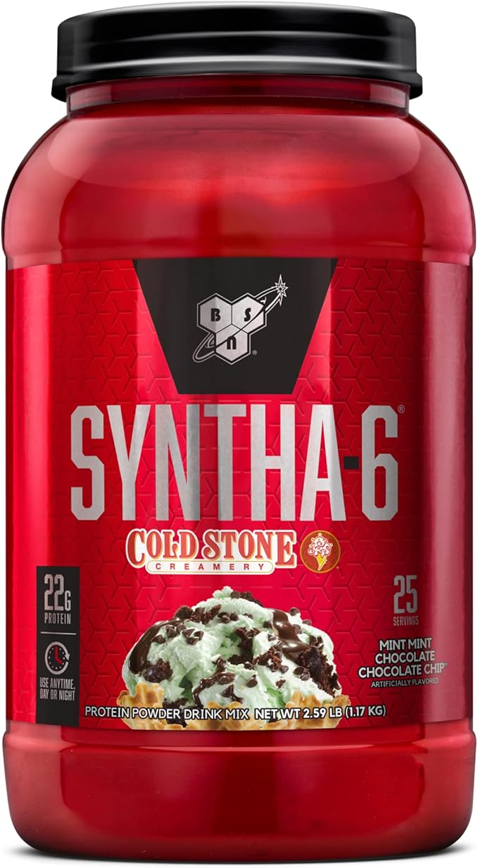 BSN Syntha-6 Whey Protein Powder Cold Stone Creamery- Mint Mint Chocolate Chocolate Chip Flavor Micellar Casein Milk Protein Isolate Powder 25 Servings