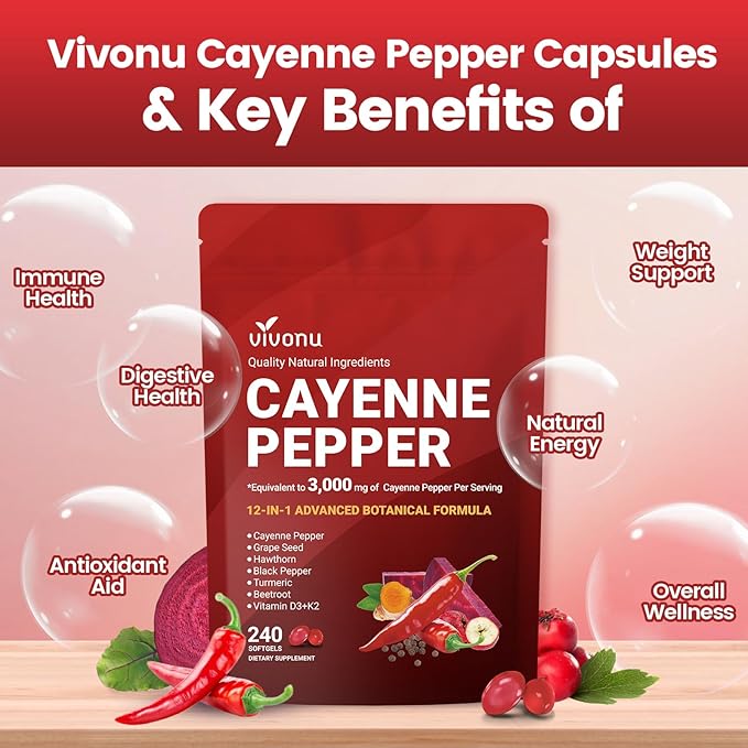 Cayenne Pepper Softgels Supplement with Vitamin E D3+K2 and Extracts of Turmeric Grape Seed Hawthorn Beetroot Berberine and Others Supports Leg Vein Heart and Blood Vessel Health (2 Pack)