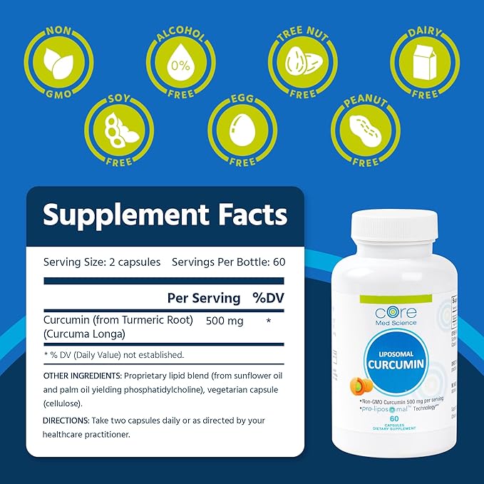 Core Med Science Liposomal Curcumin Capsules 500mg - Pure Turmeric Extract Supplement - High Absorption Joint &amp Heart Health Support for Adults - Promotes Cognitive &amp Brain Health Non-GMO (6