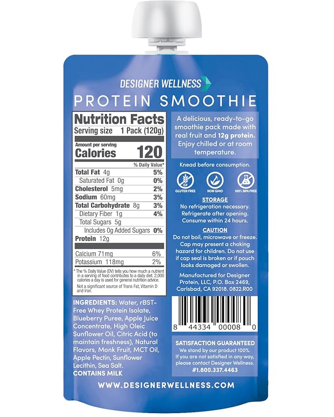 Designer Wellness Protein Smoothie Real Fruit 12g Protein Low Carb Zero Added Sugar Gluten-Free Non-GMO No Artificial Colors or Flavors Blueberry Vanilla 12 Count