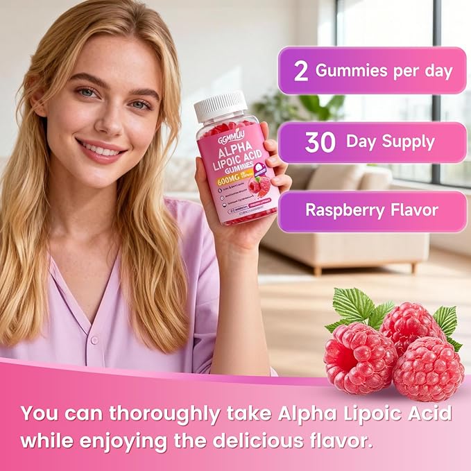 2 Pack Alpha Lipoic Acid Gummies 600mg High Absorption Chewable ALA Supplement for Antioxidant Support Raspberry Flavor Vegan Sugar Free 120 Count