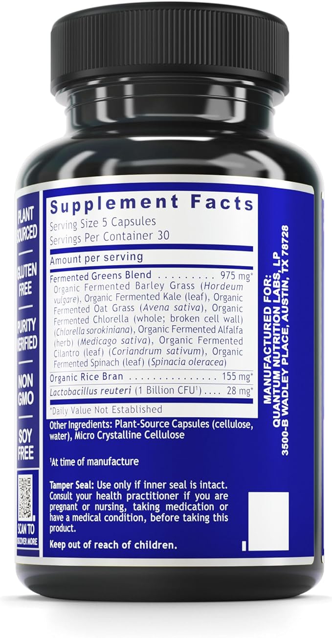 Quantum Nutrition Labs Quantum Fermented Greens- Super Greens Supplement Superfood Blend Organic Vitamins with Probiotic - Daily Greens with Spinach Chlorella and More - 150 Powder Filled Capsules