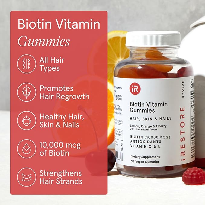 iRestore Biotin Gummies 10000 mcg - 3 Natural Fruit Flavors Hair Vitamins Multi Supplement for Hair Skin and Nails for Women &amp Men 60 Vegan Gummies 30 Day Supply