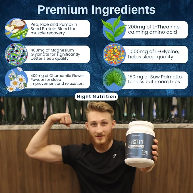 Night Time Protein Powder Vanilla Flavored Zero Sugar Low Calorie Artificial Free Promotes Sleep Quality &amp Muscle Recovery