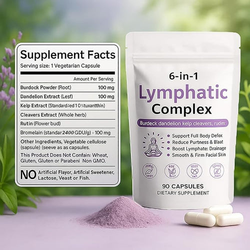 6 in 1 Lymphatic Complex Capsules – Lymphatic drainage with Burdock Dandelion Kelp Cleavers for Reduce Bloat Balance Cortisol Full Body Detox &amp Skin Vitality | Vegan · Non-GMO 90 Capsules (1)