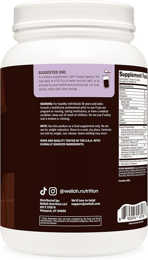 Wellah Grass-Fed Whey Protein Isolate Powder (Dark Chocolate) 30 Servings - with Prebiotics Enzymes &amp Probiotics 20g of Protein 100 Calories Naturally Sweetened