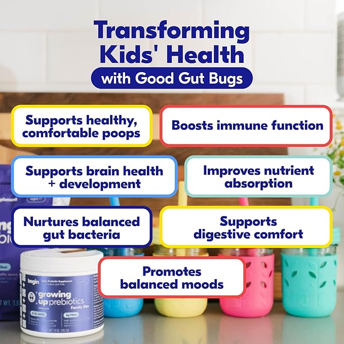 Begin Health Growing Up Prebiotics for Kids 56-Packs | Prebiotic Soluble Powder Stool Softeners and Digestive Gut Health Supplement | Ideal to Mix with Kids Daily Beverages and Soft Foods - Unflavored