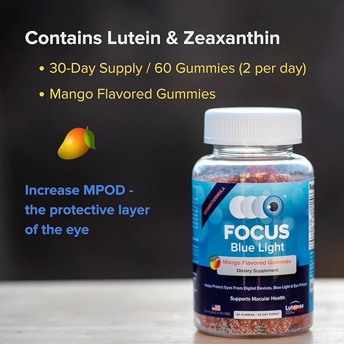Focus Blue Light Supplement | Lutein and Zeaxanthin Supplement for Eye Health and Blue Light Protection | 60 Count Mango Flavored Gummy 30 Day Supply