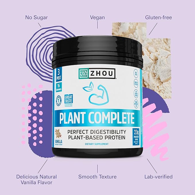 Zhou Plant Complete Vegan Protein Powder - Plant Based Protein Powder for Women &amp Men Non Dairy Rice &amp Pea Protein Blend for Smoothies and Shakes 21g Per Serving - Vanilla 17.7oz (16 Servin