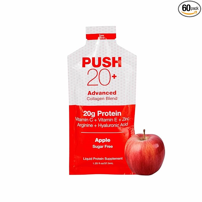 PUSH 20+ Advanced Collagen Blend Apple Flavor 20g Liquid Protein with Arginine Vitamin C E Zinc and Hyaluronic Acid Supports Wound Healing &amp Recovery Single-Serving 1.25 oz Packets Case of