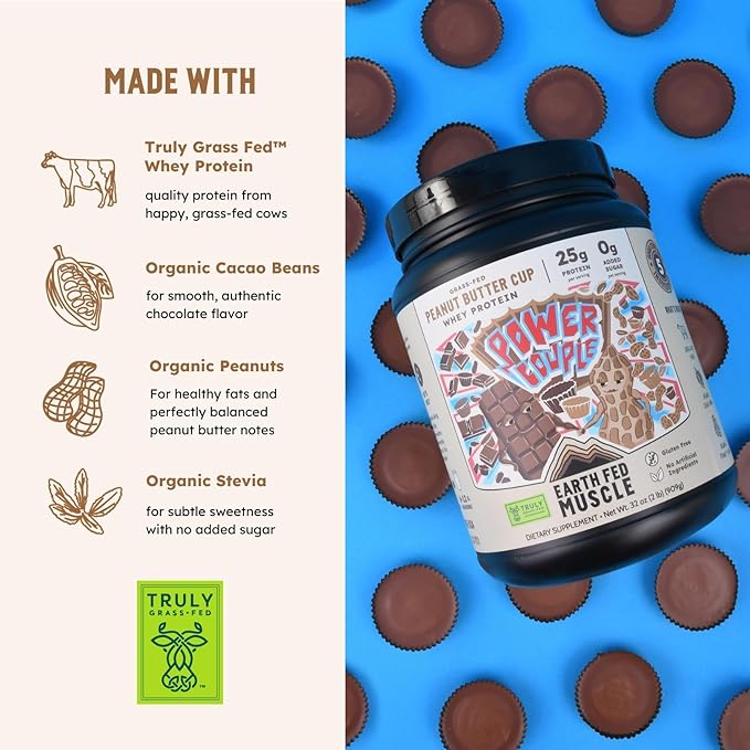 Earth Fed Muscle Power Couple Peanut Butter Chocolate Truly Grass Fed Whey Protein Isolate - Third-Party Certified. No Artificial Ingredients Soy Free Gluten Free Hormone Free 26 Servings