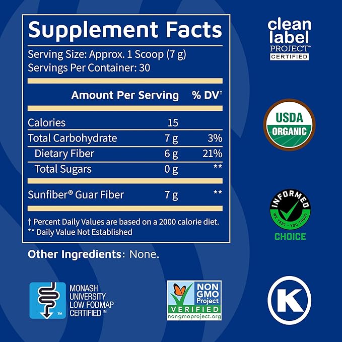 Tomorrow's Nutrition Sunfiber Prebiotic Fiber Supplement for Digestive Health Low FODMAP Gluten-Free Unflavored 30 Servings