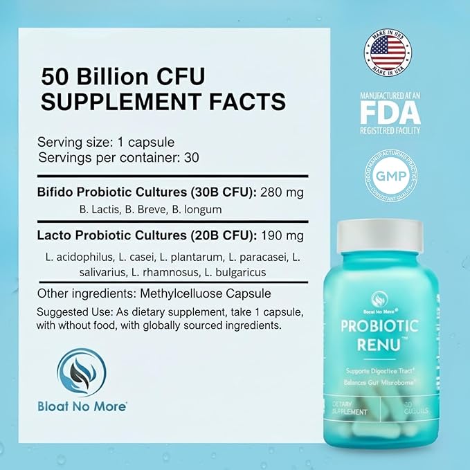 Bloat No More Probiotics 50 Billion CFU for Women &amp Men – Daily Gut Health &amp Digestive Support Supplement Helps Support Immunity – Probiotic Renu 30 Count