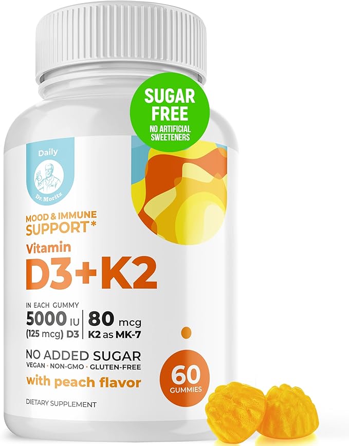 DR. MORITZ Vitamin D3 Gummies (5000 IU) with K2 - for Adults and Kids - Vitamin D3 K2 Gummies for Immune Support &amp Bone Health - Vegan Sugar Free Gluten Free (60 Count)